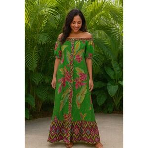 Farm Rio Off The Shoulder Maxi Dress Green Floral Puff Sleeve Button Front M‎
